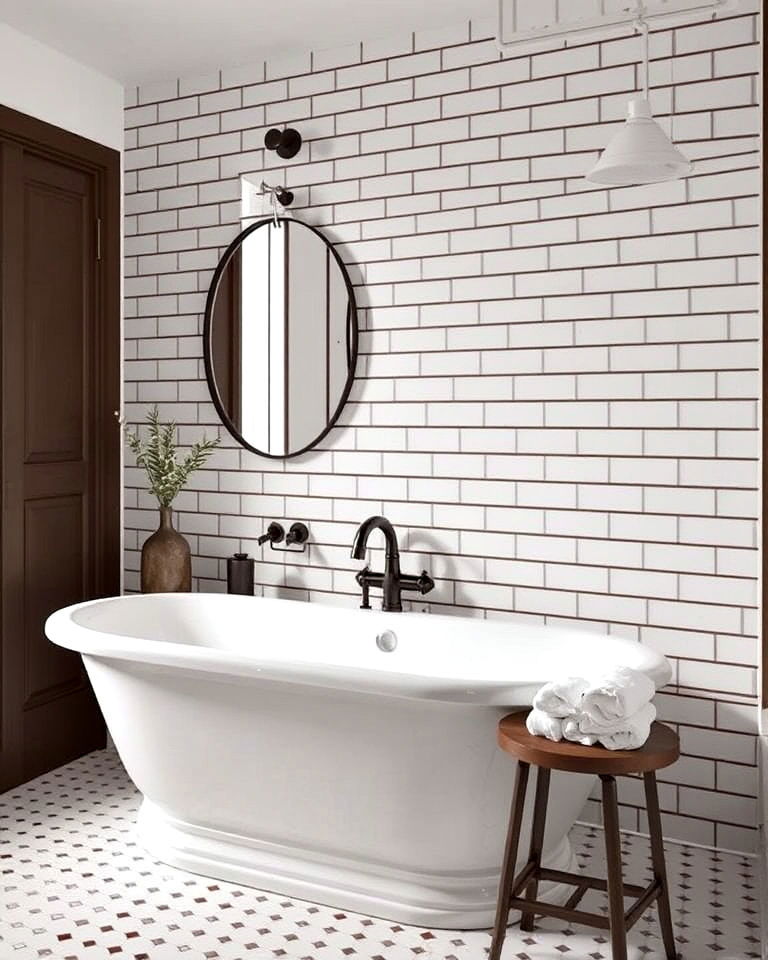 bathroom with white subway tiles and brown grout