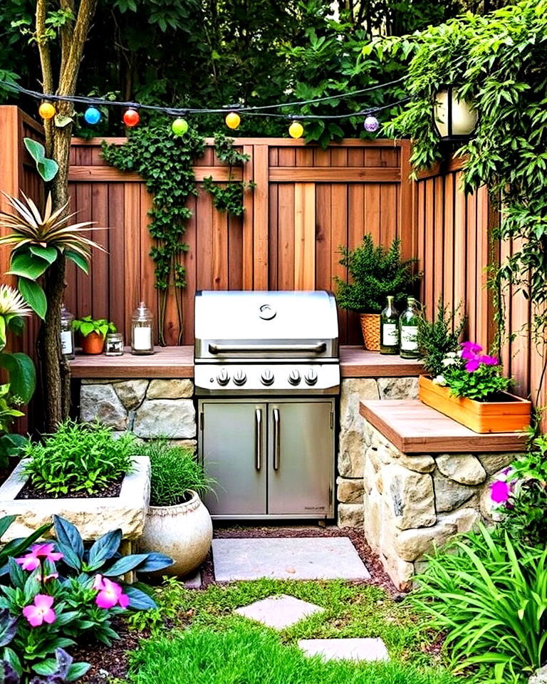 bbq area within a garden corner