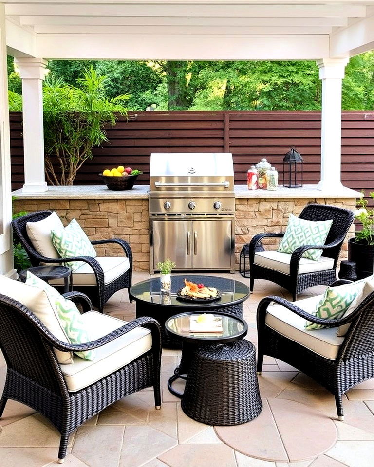 bbq with outdoor lounge chairs