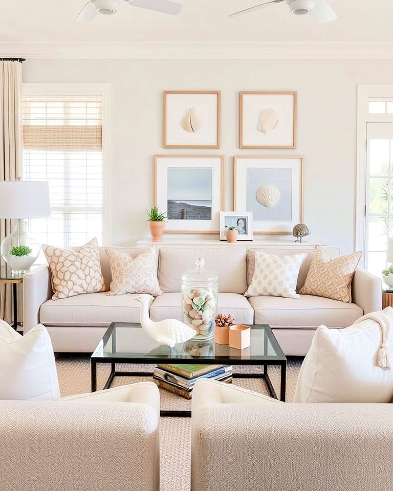 beach house inspired living room with seashell accents
