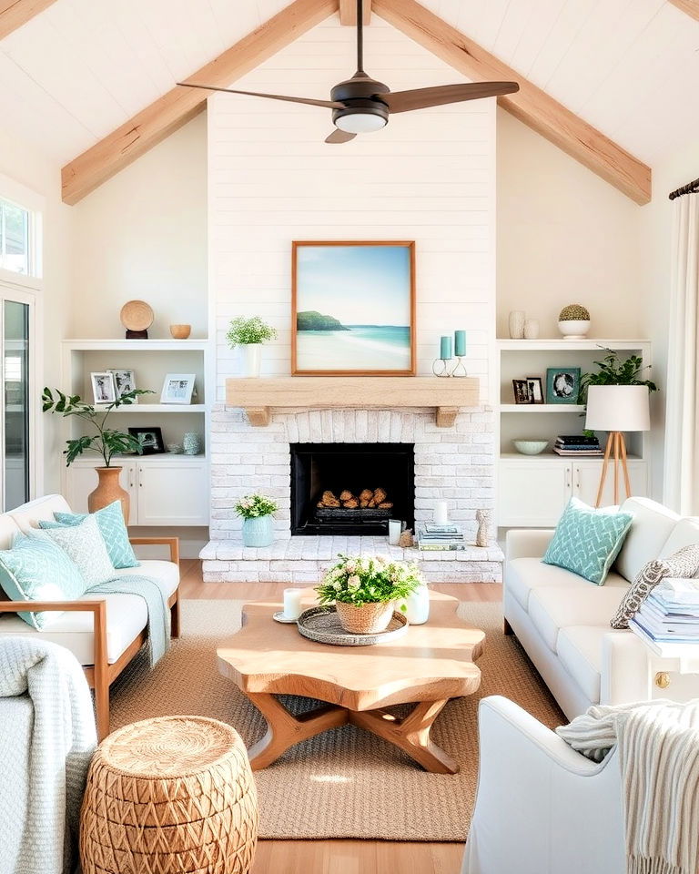 beach house living room with driftwood accents