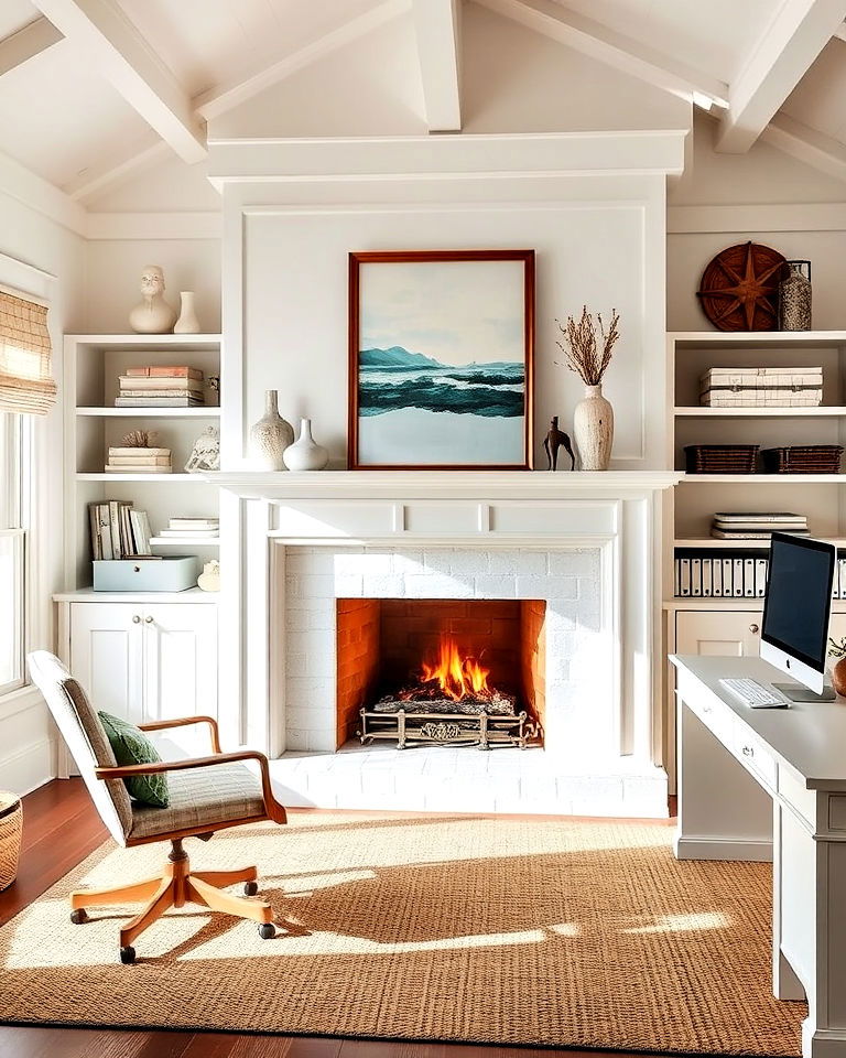 beach house office with coastal inspired fireplace