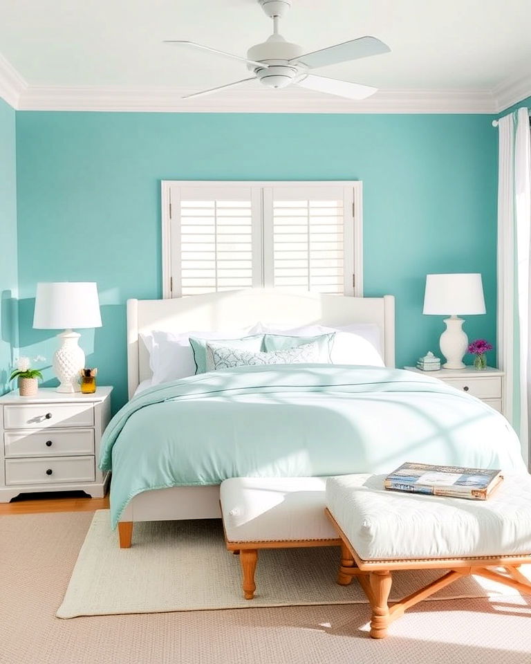 beach inspired aqua and white bedroom