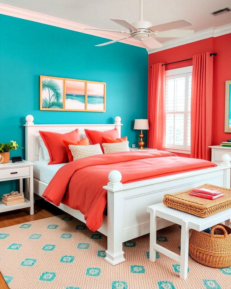 beach inspired vibrant aqua and coral bedroom