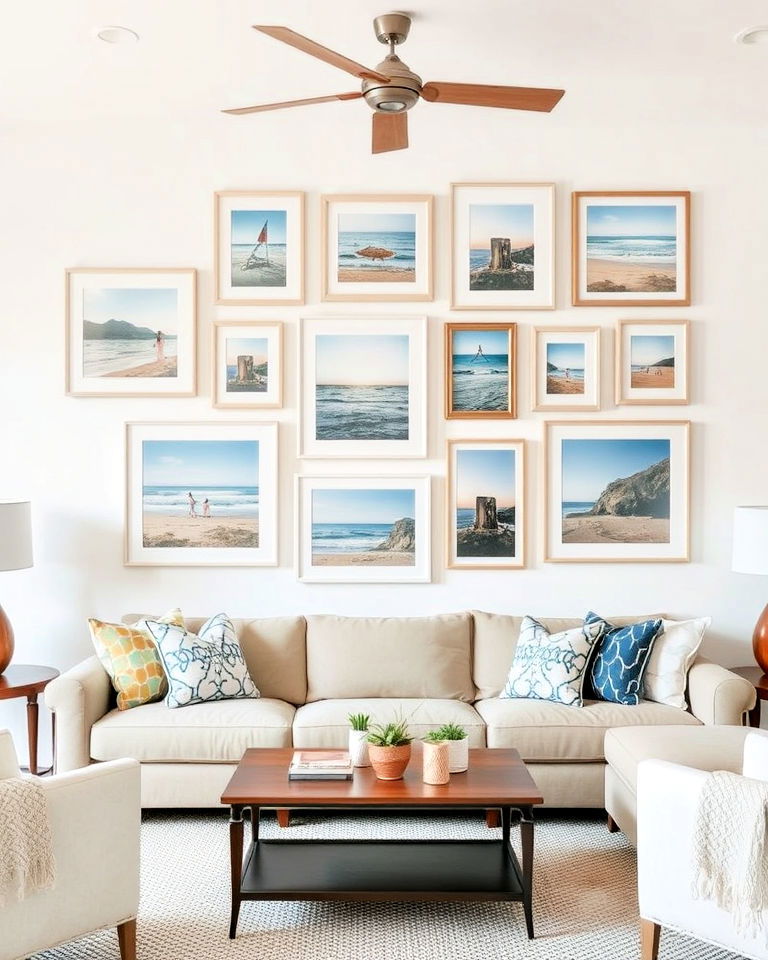 beach themed gallery wall for a coastal living room