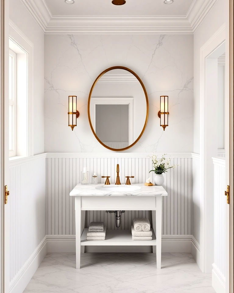 beadboard and marble combination bathroom