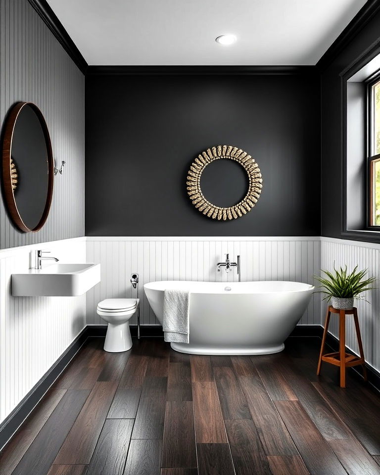 beadboard bathroom with contrasting flooring