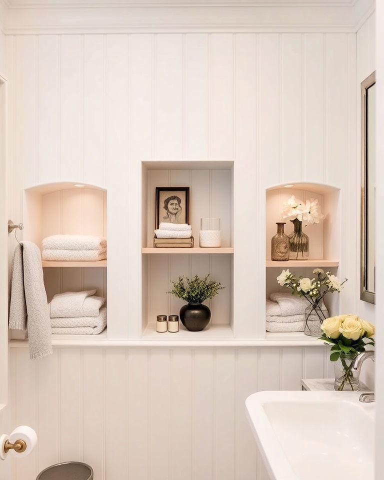 beadboard shelving nook for bathroom