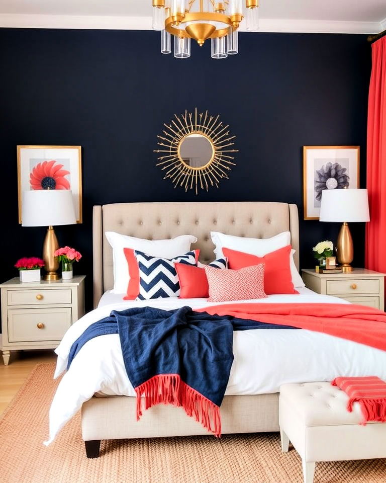 beautiful bedroom with coral and navy combination