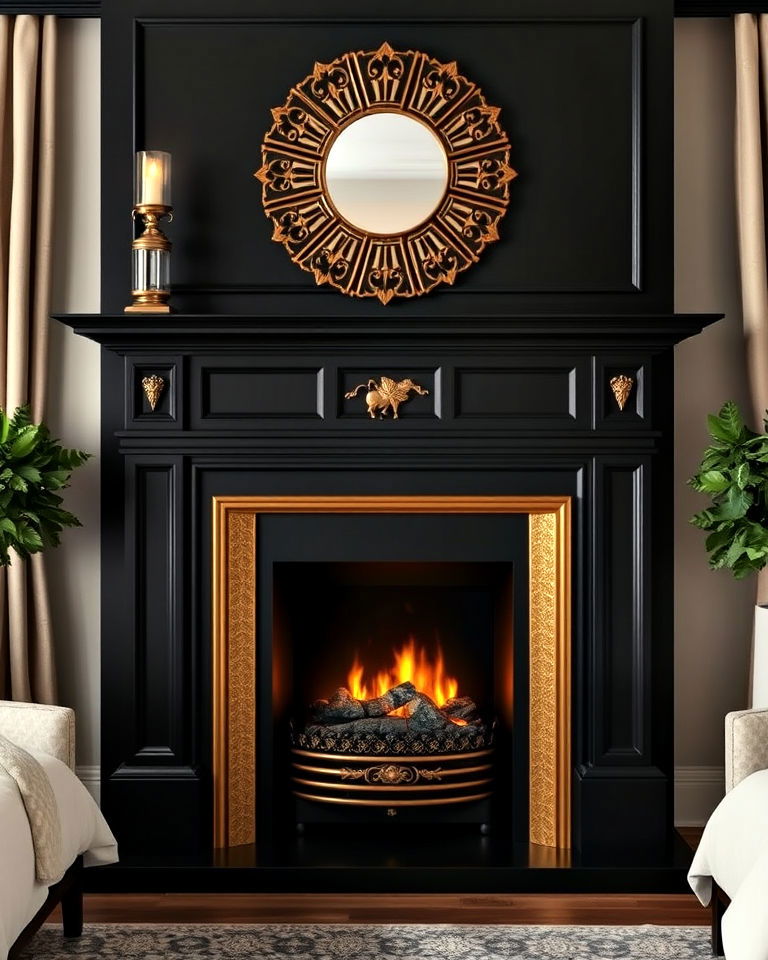 beautiful black fireplace with gold accents