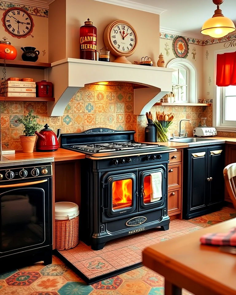 beautiful cast iron stove in a retro kitchen