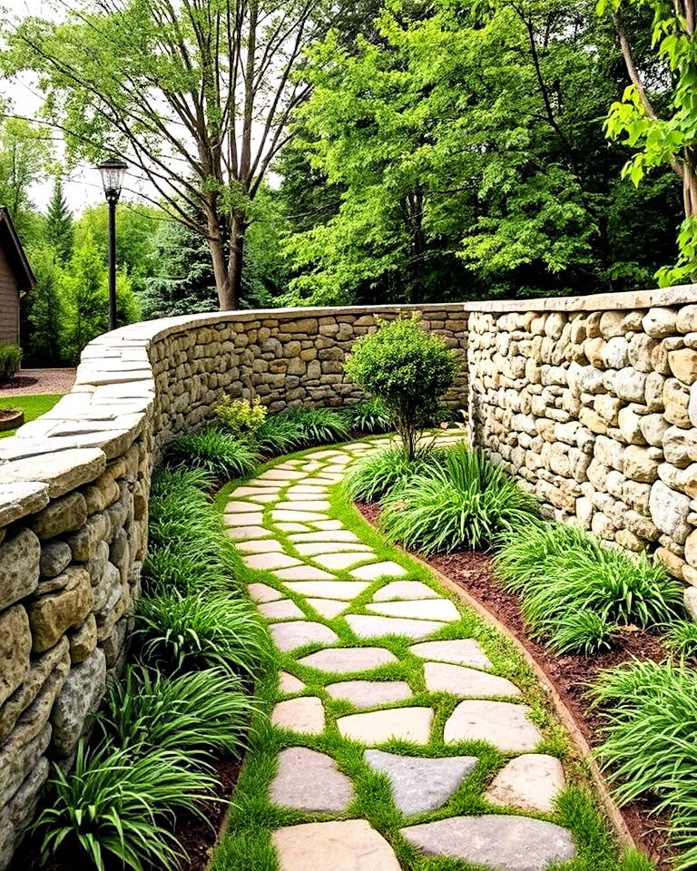 beautiful curved stone garden path wall