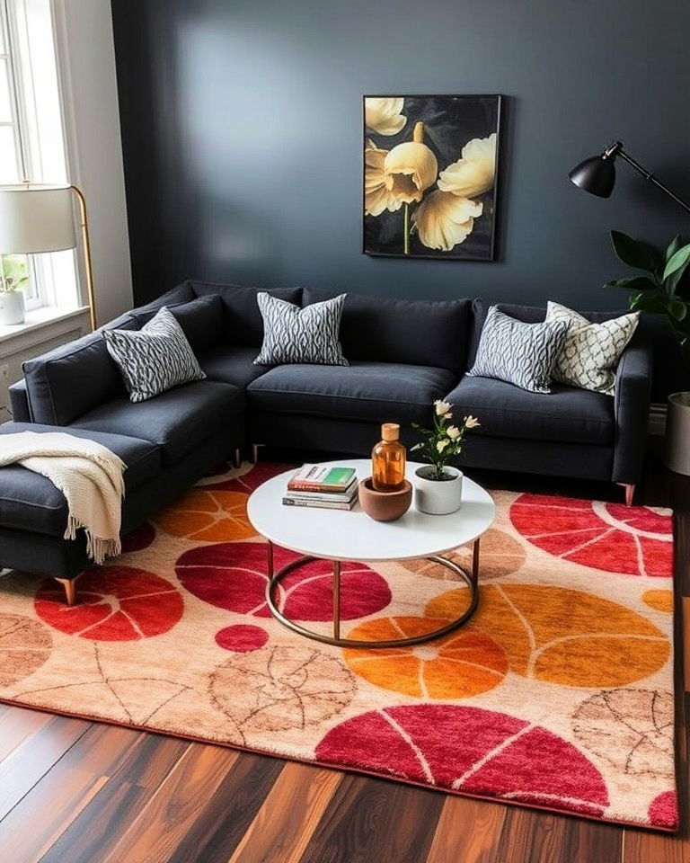 beautiful dark grey couch with area rug