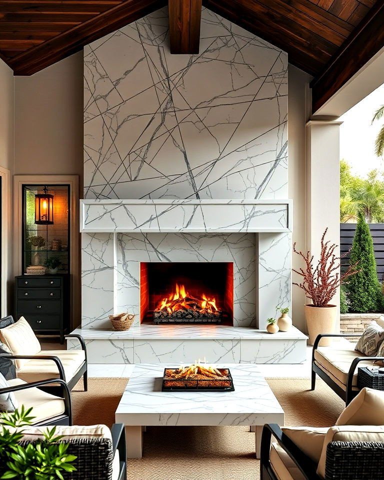 beautiful marble clad outdoor fireplace