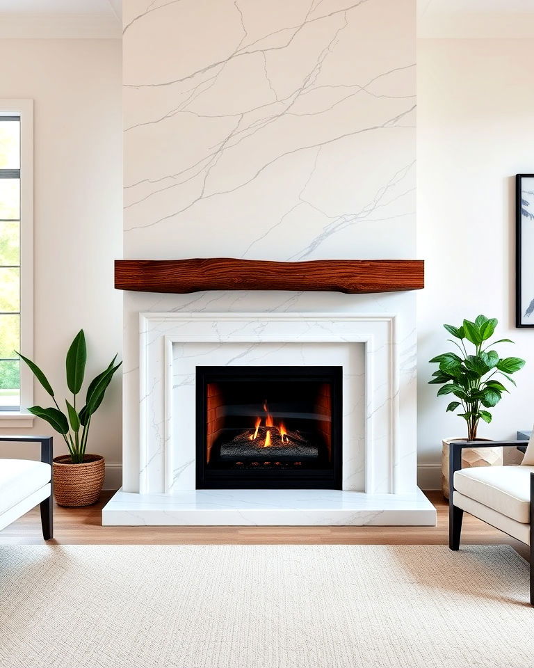 beautiful marble fireplace with rustic wood mantel