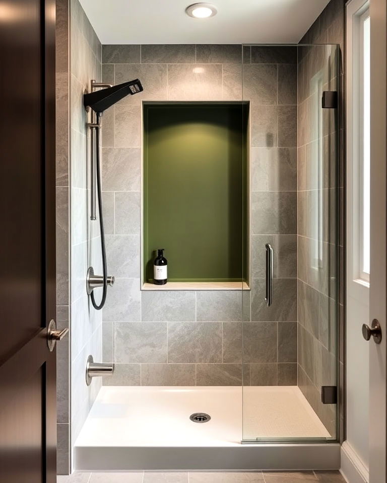 beautiful moss green shower niche