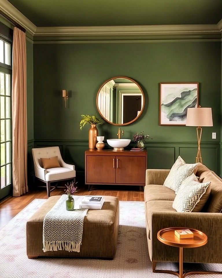 beautiful olive green living room with brass accents