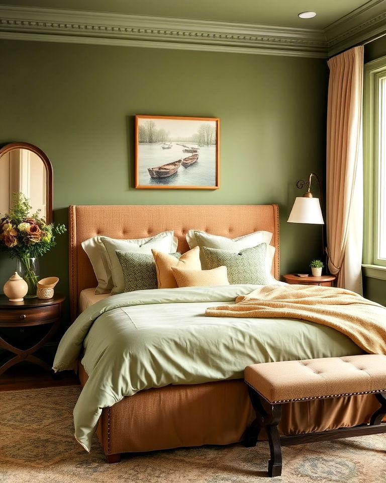 beautiful sage green and tan bedding combination