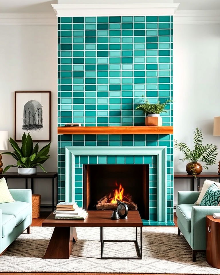 beautiful teal green fireplace tiles