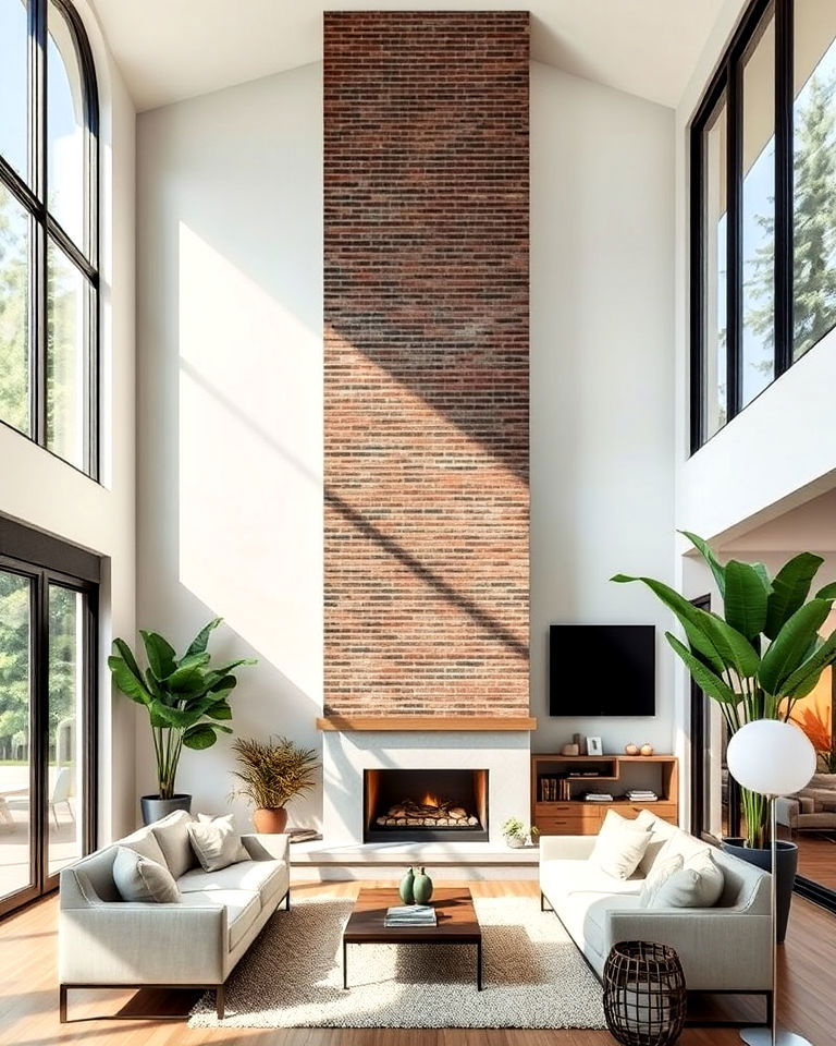 beautiful two story fireplace in lofted living room