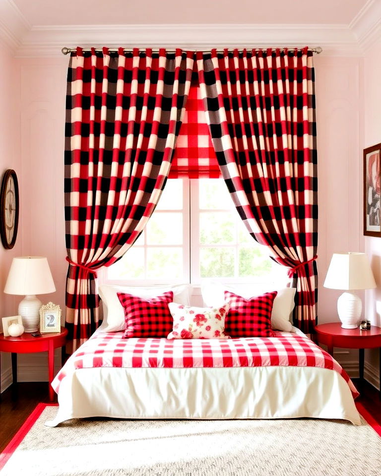 beddroom with red and black checkered patterns and white decor