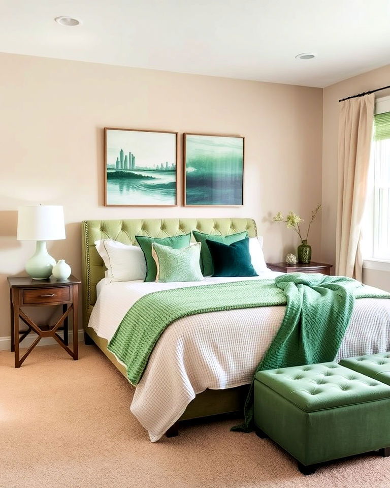 bedroom beige carpeting with green accents