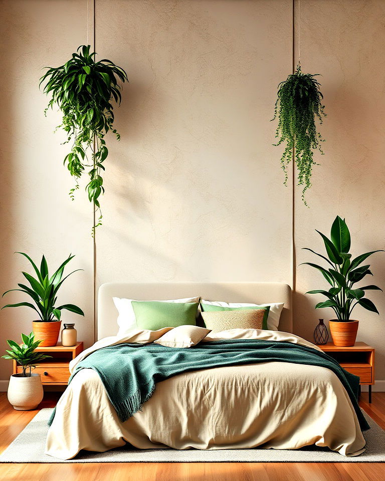 bedroom beige textured walls with green plants