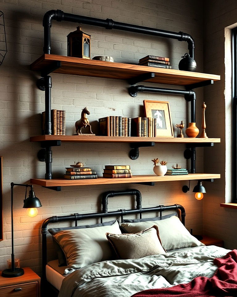 bedroom exposed pipe shelving