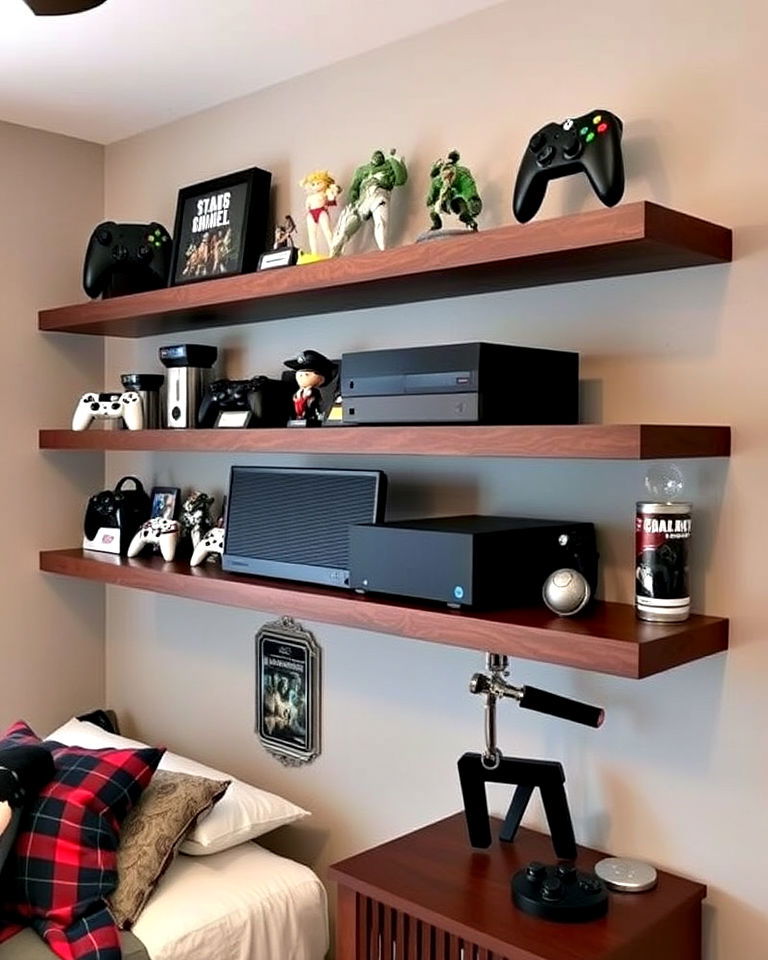 bedroom floating shelves for gaming gear display