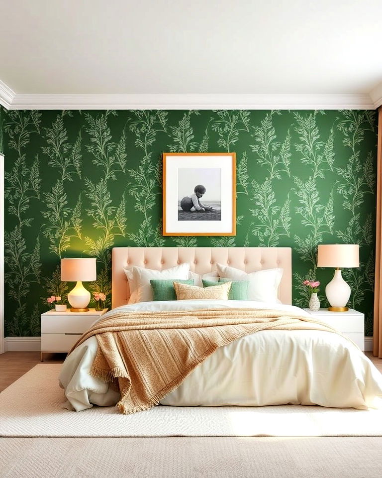 bedroom green wallpaper with beige accents