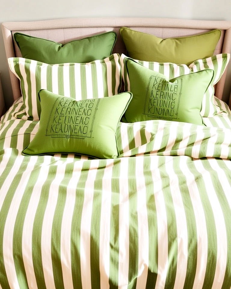 beige and green striped bedding