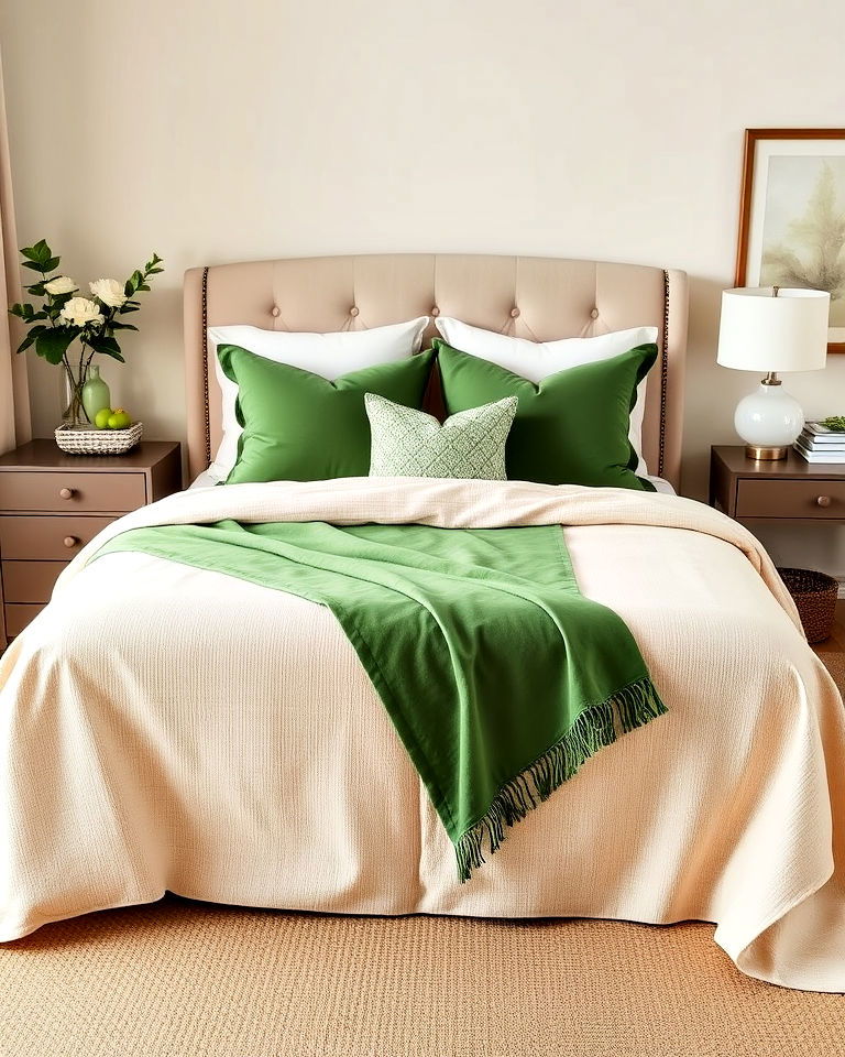 beige bedding with green bed runner