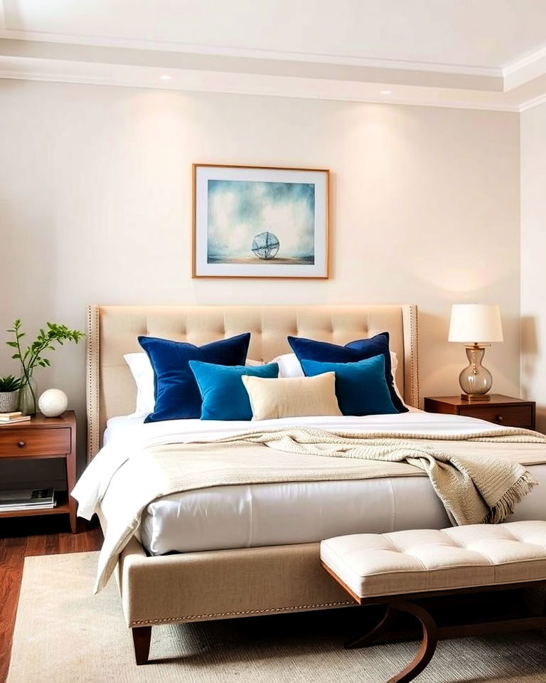 beige bedroom furniture with blue throw pillows