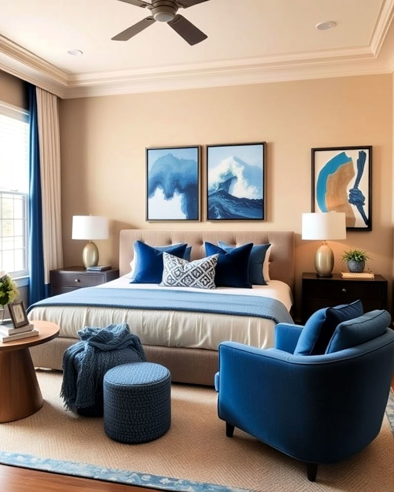 beige bedroom walls with blue statement accents