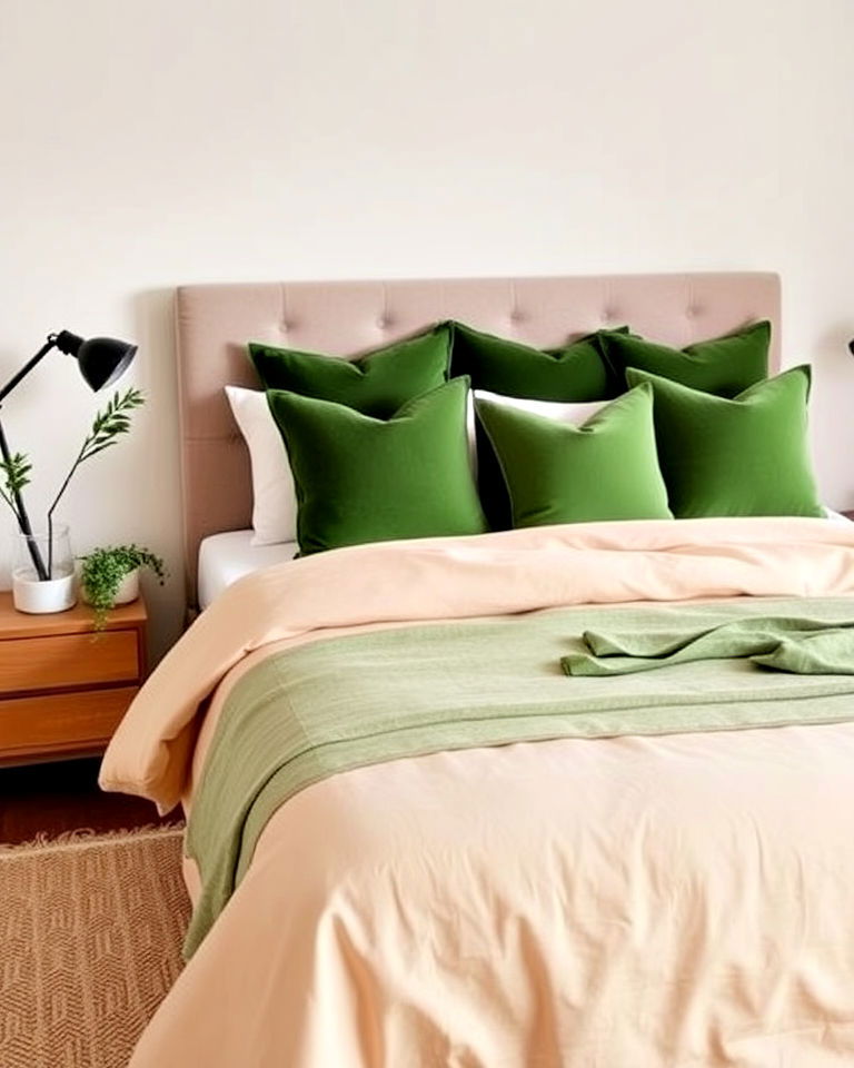 beige bedspread with green pillows