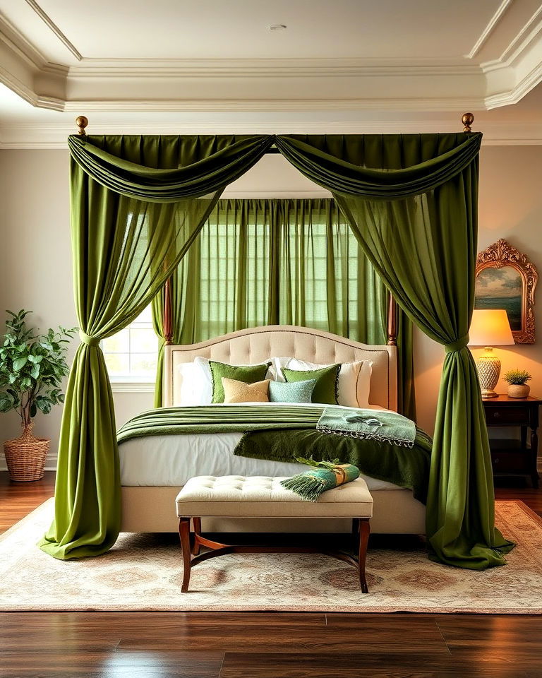 beige canopy bed with green drapes