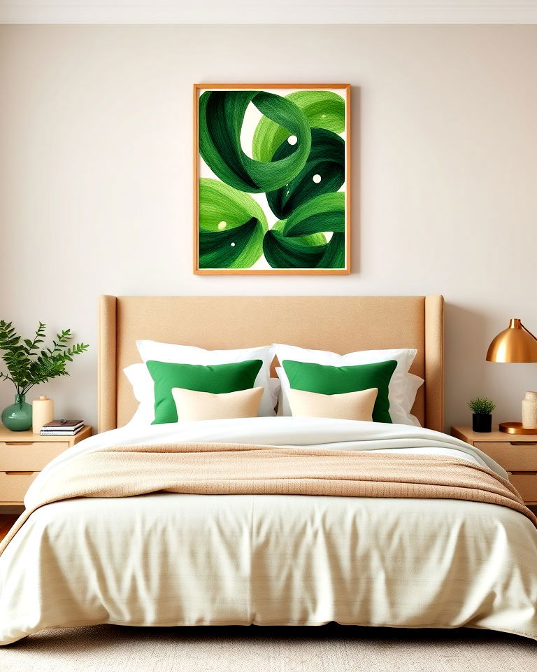 beige headboard with green wall art