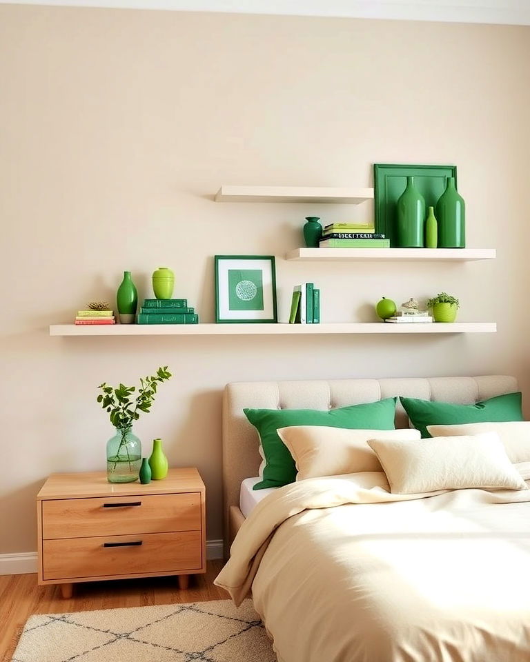 beige shelves with green accessories