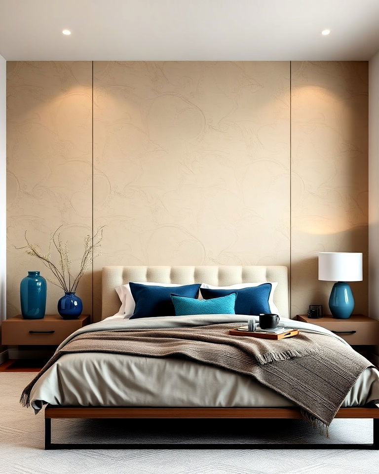 beige textured bedroom wall with blue accessories