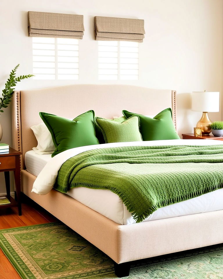 beige upholstered bed with green throw pillows