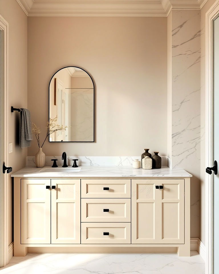 beige vanity with marble countertop