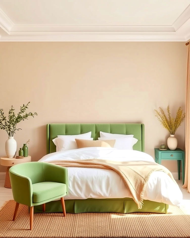 beige walls with green furniture for the bedroom