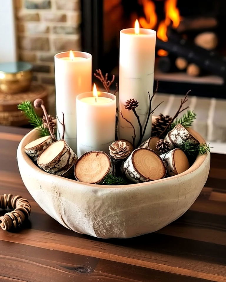 birch log and candle display