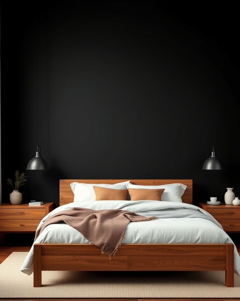 black accent wall with warm brown furniture