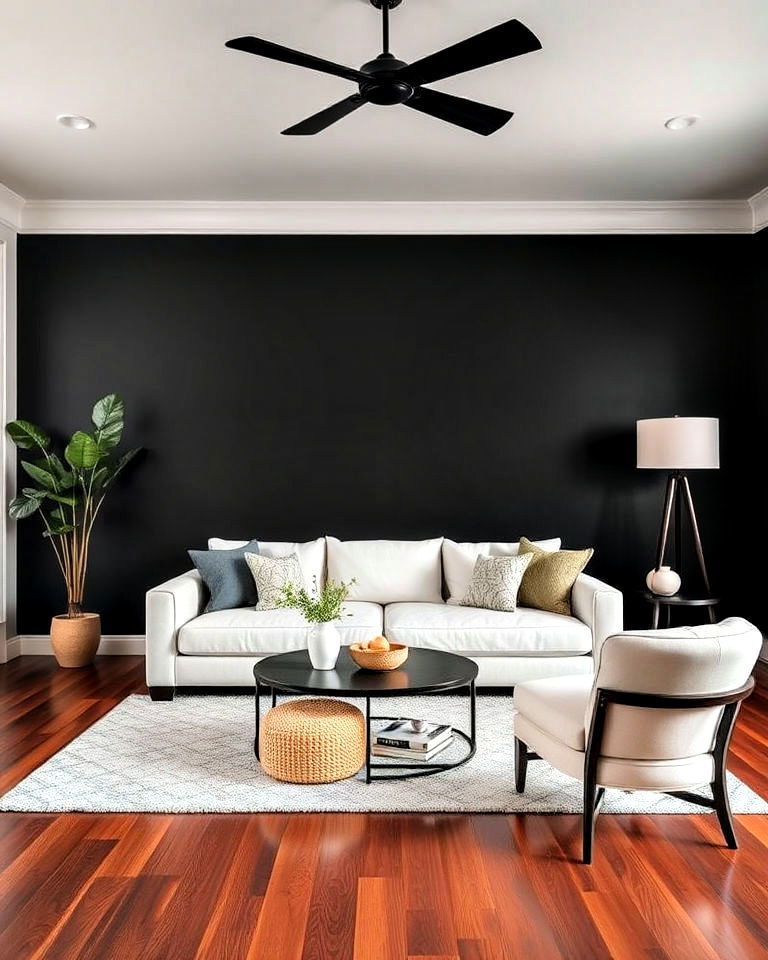 black accent walls with brown wood flooring