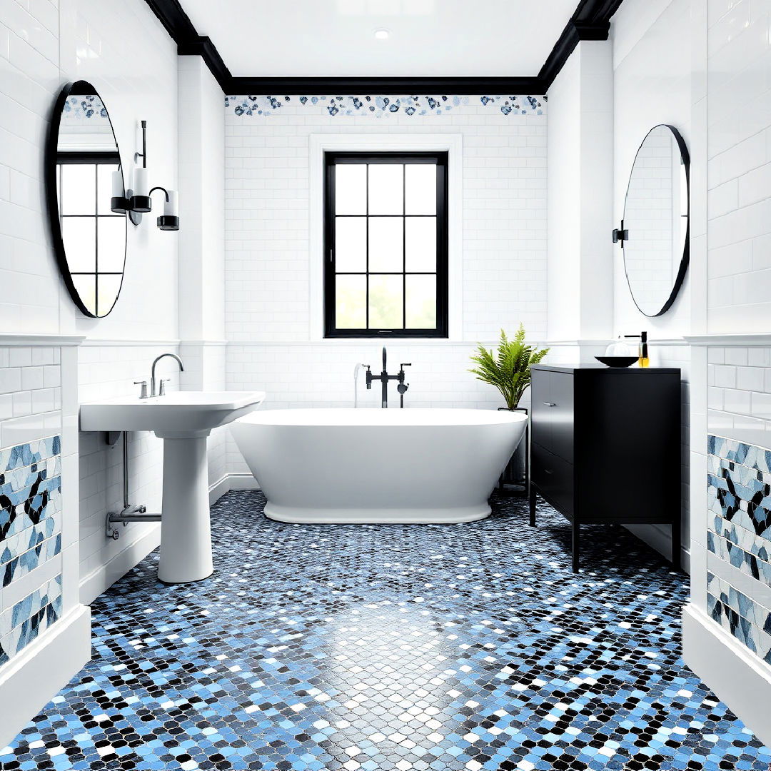 black and blue mosaic bathroom flooring