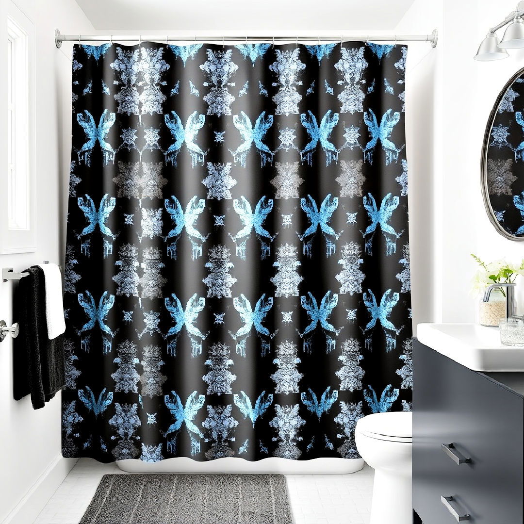 black and blue patterned shower curtain