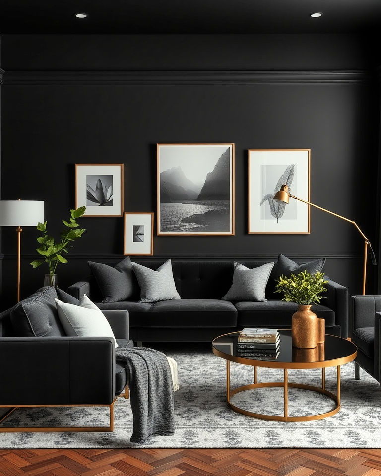 black and brass accents moody living room