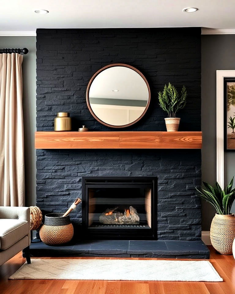 black and brown fireplace surround