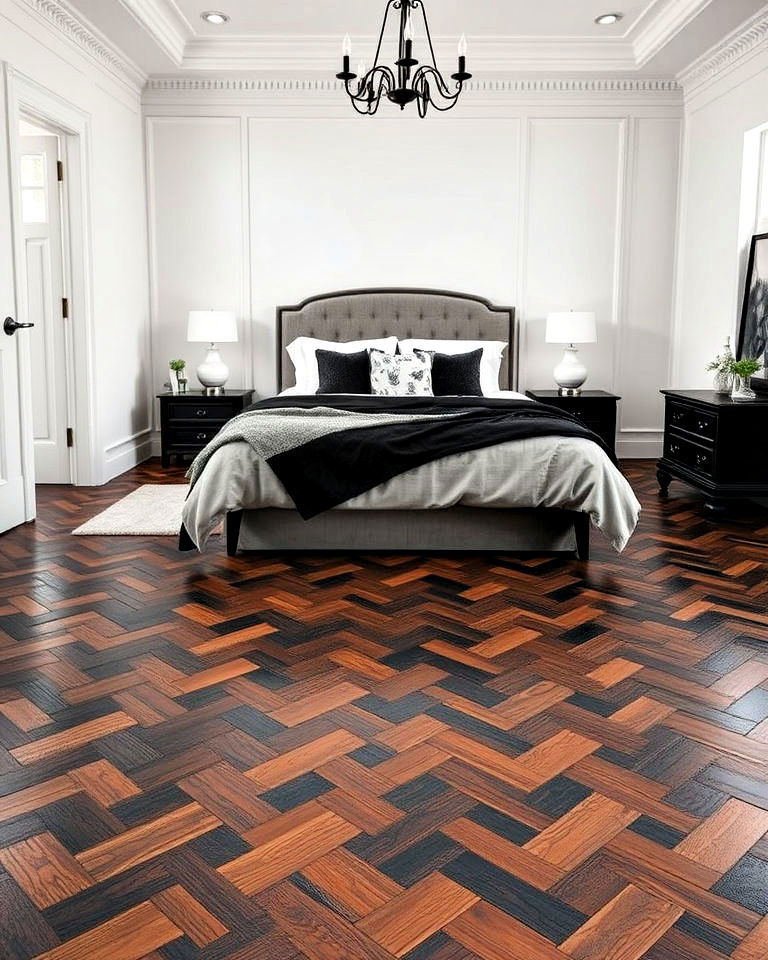 black and brown herringbone flooring